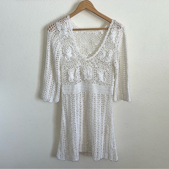 Vintage White Bohemian Y2K 90s White Crochet Bell Sleeves Mini Dress - Picture 7 of 12